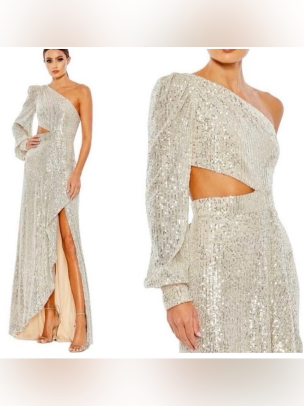 Mac Duggal Silver Sequin One-Shoulder Cutout Gown